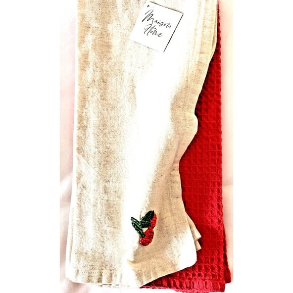 NEW Set 2 Kitchen Towels BEADED CHERRIES & Solid Red MAISON HOME 100% Cotton - Picture 1 of 5
